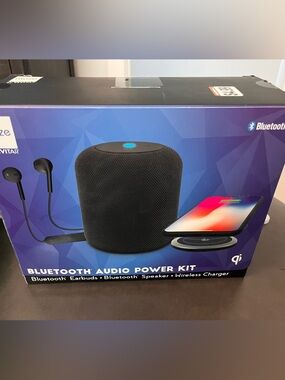 Muze Bluetooth Audio Power Kit - Black Speaker + Earbuds + Wireless Charger NIB